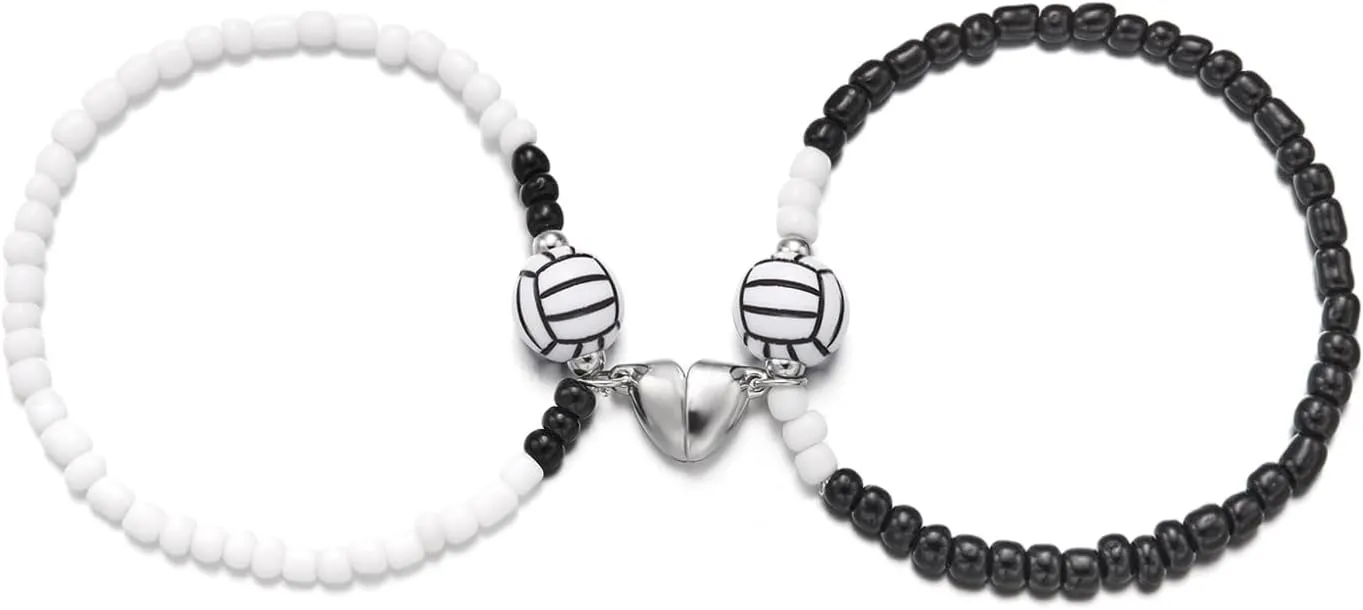 2pcs Basketball Volleyball Tennis Soccer Bracelets Beaded Sport Ball Charms Bracelets for Couples Friends Women Men Elastic Sport Lovers Jewelry