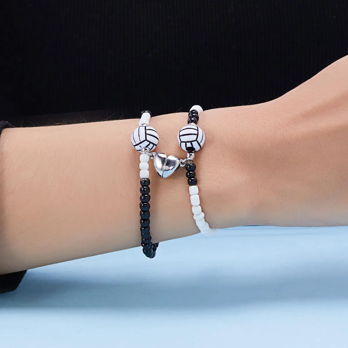 2pcs Basketball Volleyball Tennis Soccer Bracelets Beaded Sport Ball Charms Bracelets for Couples Friends Women Men Elastic Sport Lovers Jewelry
