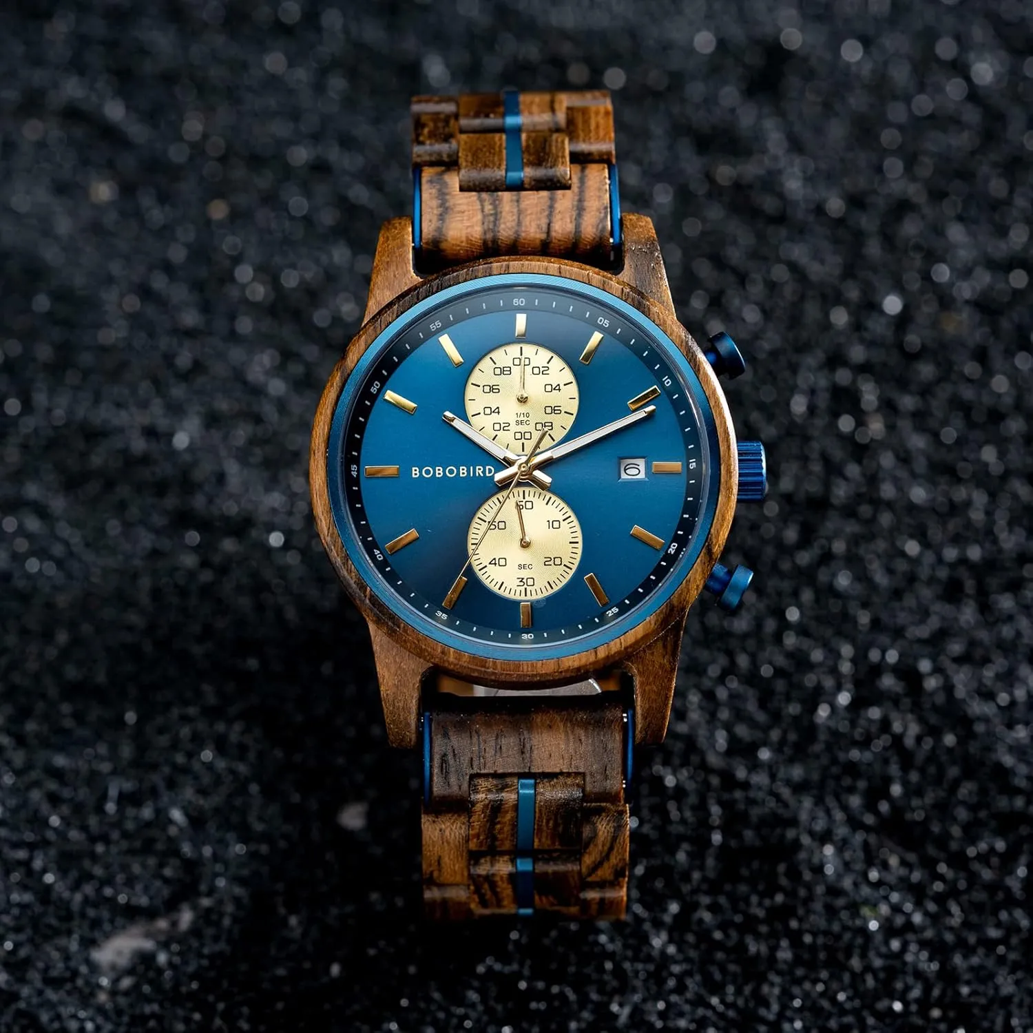 2win Personalized Wooden Watches for Men Husband Fashion Lake Blue Dial Multifunction Custom Watch Gift for Anniversary Valentines Christmas Father's Day with Unique Wood Box