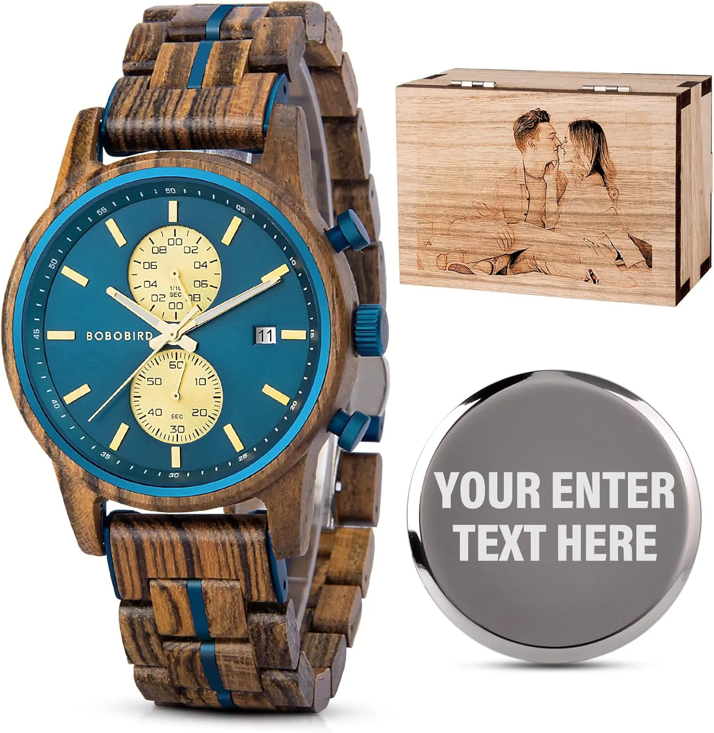 2win Personalized Wooden Watches for Men Husband Fashion Lake Blue Dial Multifunction Custom Watch Gift for Anniversary Valentines Christmas Father's Day with Unique Wood Box