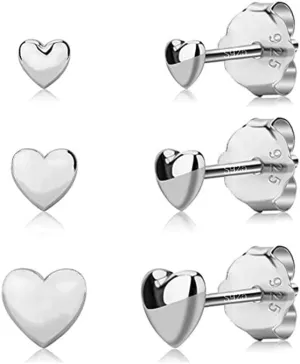 3 Pairs Tiny Love Heart Stud Earrings Sterling Silver Set for Women Girls Cute Cartilage 20g Studs Tragus Sleeper Post Pin Hypoallergenic Piercing Body Jewelry Gifts