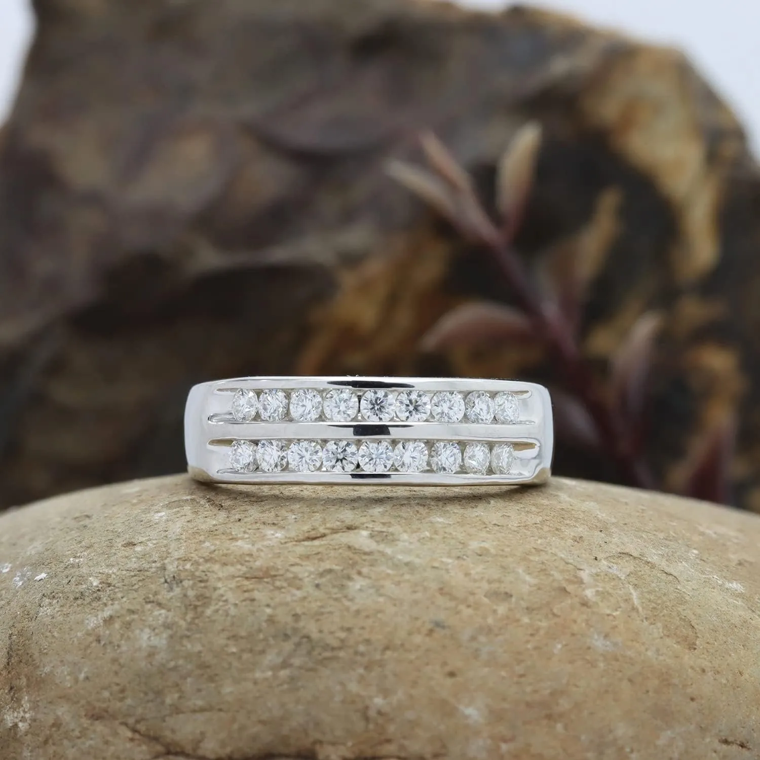 3/4 Carat (ctw) Lab Created Moissanite & Lab Grown Diamond 2-Row Anniversary Wedding Band Ring In 14K Gold Over Sterling Silver Jewelry For Men (0.75 Cttw)