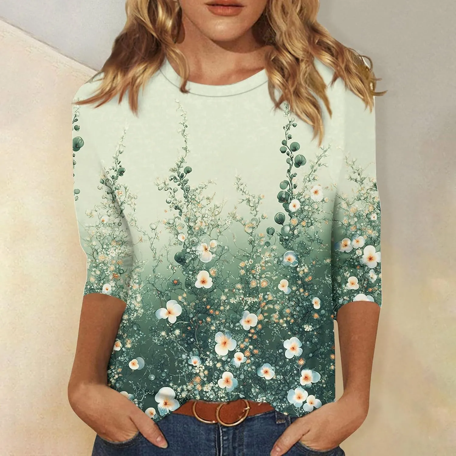 3/4 Length Sleeve Womens Tops Dressy Casual Round Neck T-Shirts Trendy Basic Tees Blouses Business Work Tee Top