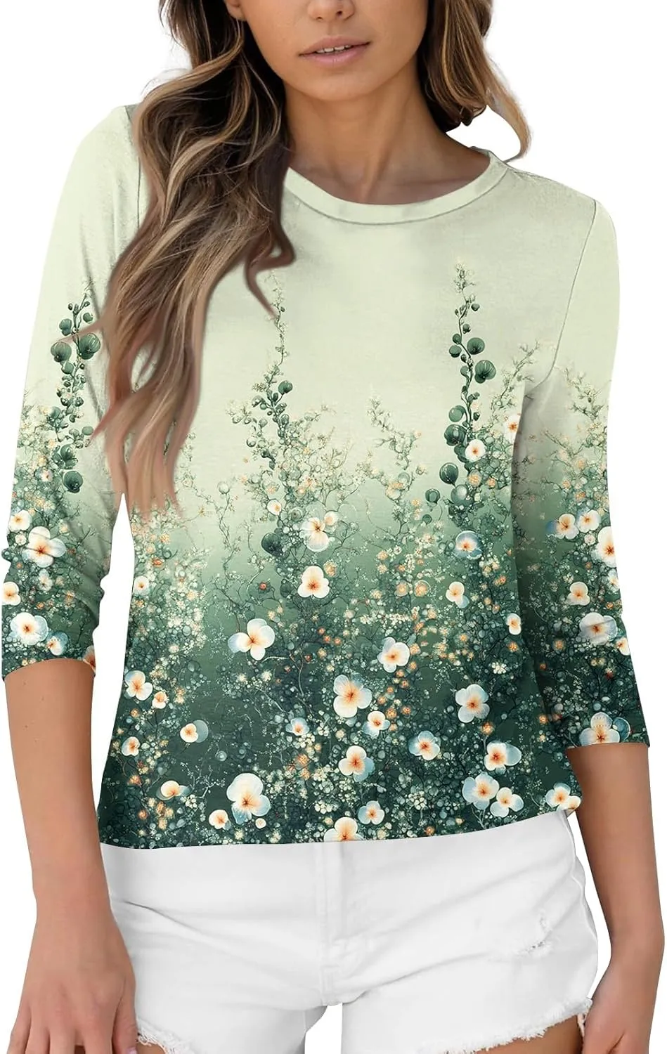 3/4 Length Sleeve Womens Tops Dressy Casual Round Neck T-Shirts Trendy Basic Tees Blouses Business Work Tee Top