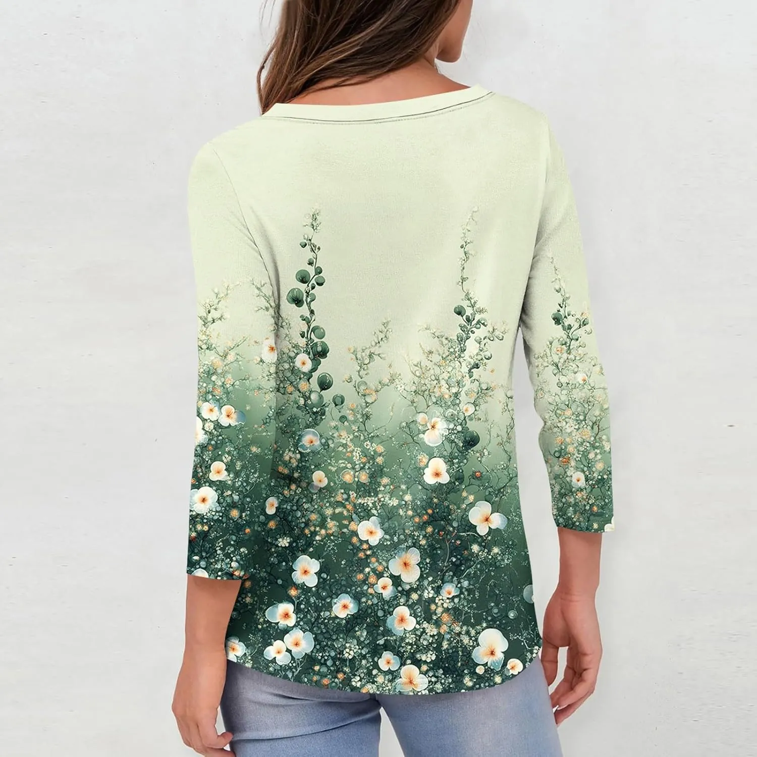 3/4 Length Sleeve Womens Tops Dressy Casual Round Neck T-Shirts Trendy Basic Tees Blouses Business Work Tee Top
