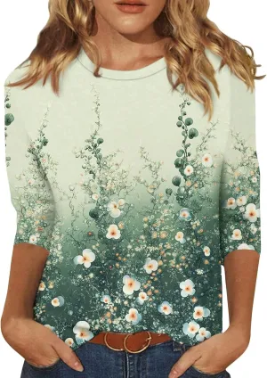 3/4 Length Sleeve Womens Tops Dressy Casual Round Neck T-Shirts Trendy Basic Tees Blouses Business Work Tee Top