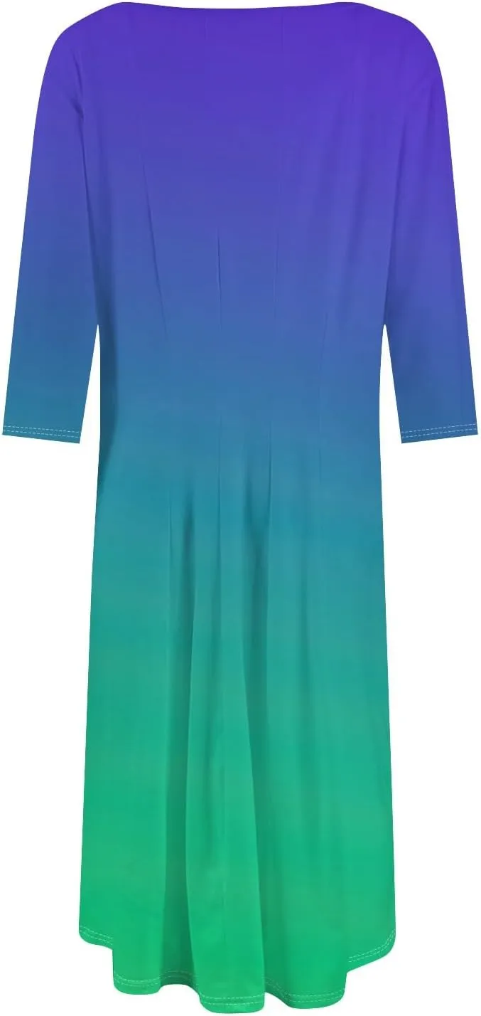 3/4 Sleeve Dresses for Women 2025 Spring Round Neck Pleated Church Dress with Pockets