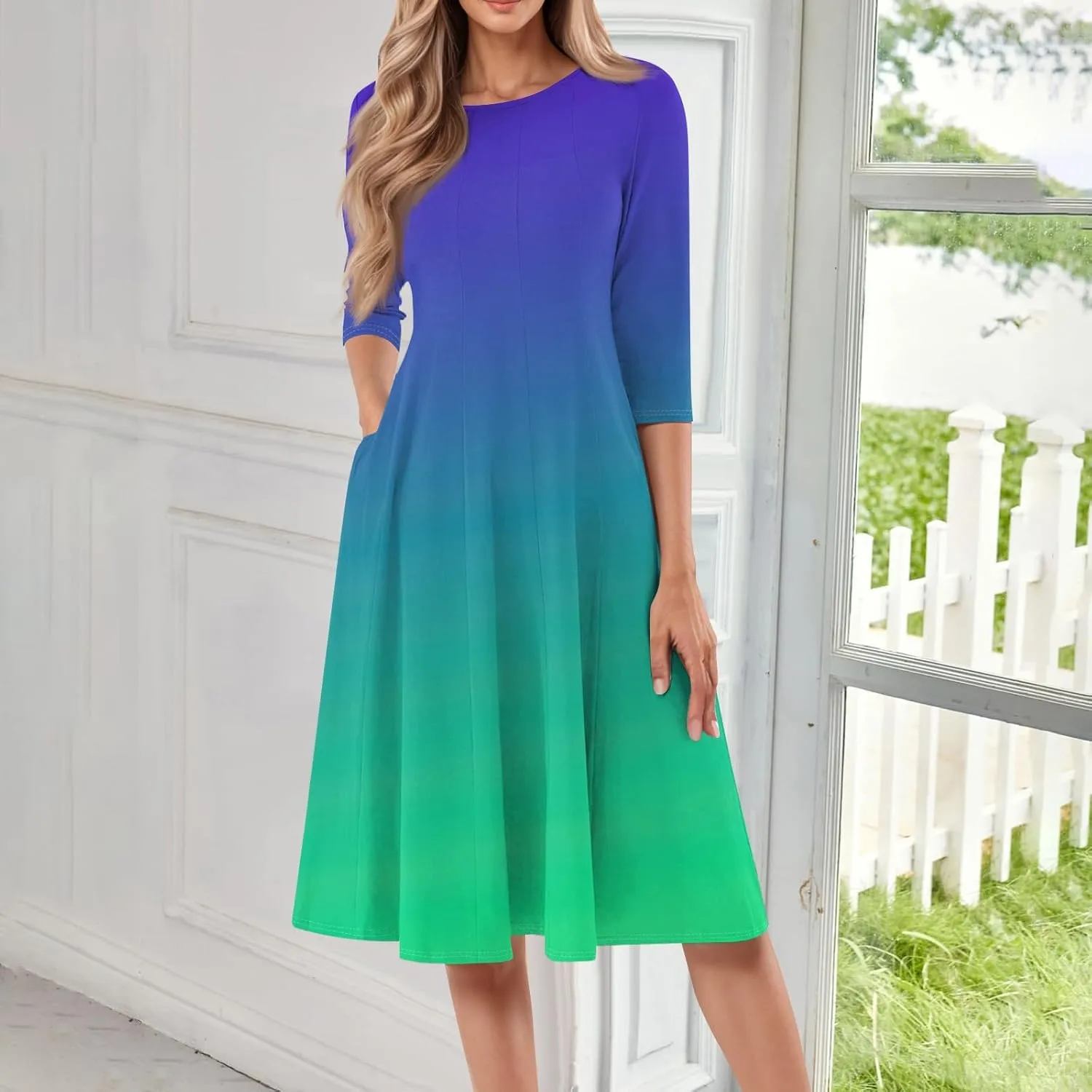 3/4 Sleeve Dresses for Women 2025 Spring Round Neck Pleated Church Dress with Pockets