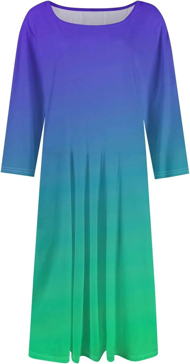 3/4 Sleeve Dresses for Women 2025 Spring Round Neck Pleated Church Dress with Pockets