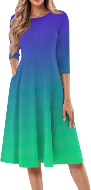 3/4 Sleeve Dresses for Women 2025 Spring Round Neck Pleated Church Dress with Pockets