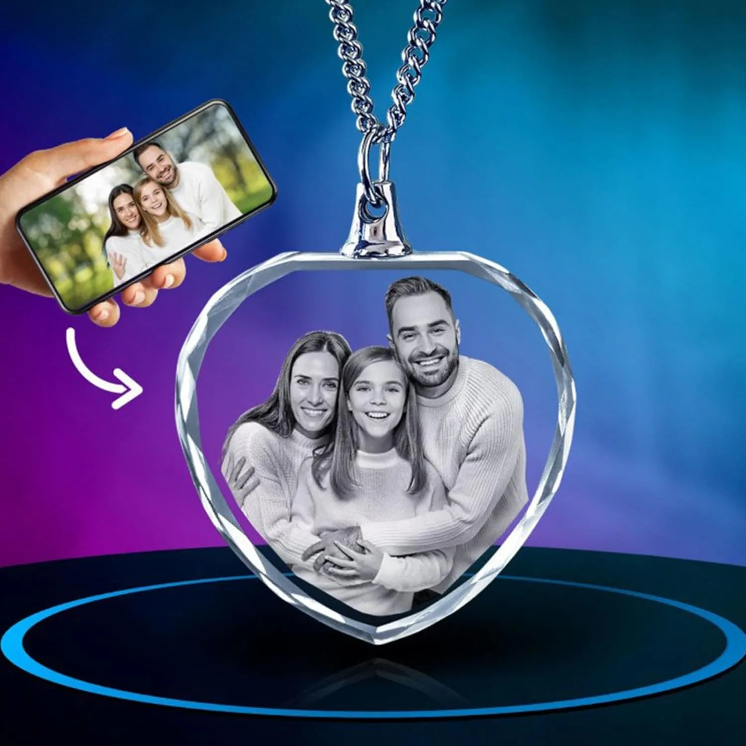 3D Crystal Photo Personalized Necklace,Custom 2D/3D Picture Heart Necklace Personalized Photo Laser Engraved Necklace Chain with Picture Customized Gift for Mom,Men,Women,Him