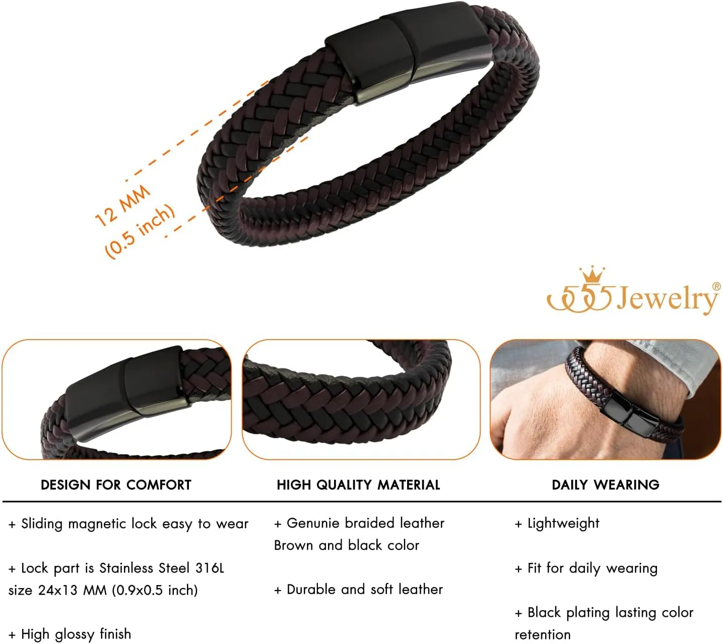555Jewelry Stainless Steel Magnetic Clasp Braided Brown & Black Leather Bracelet for Men