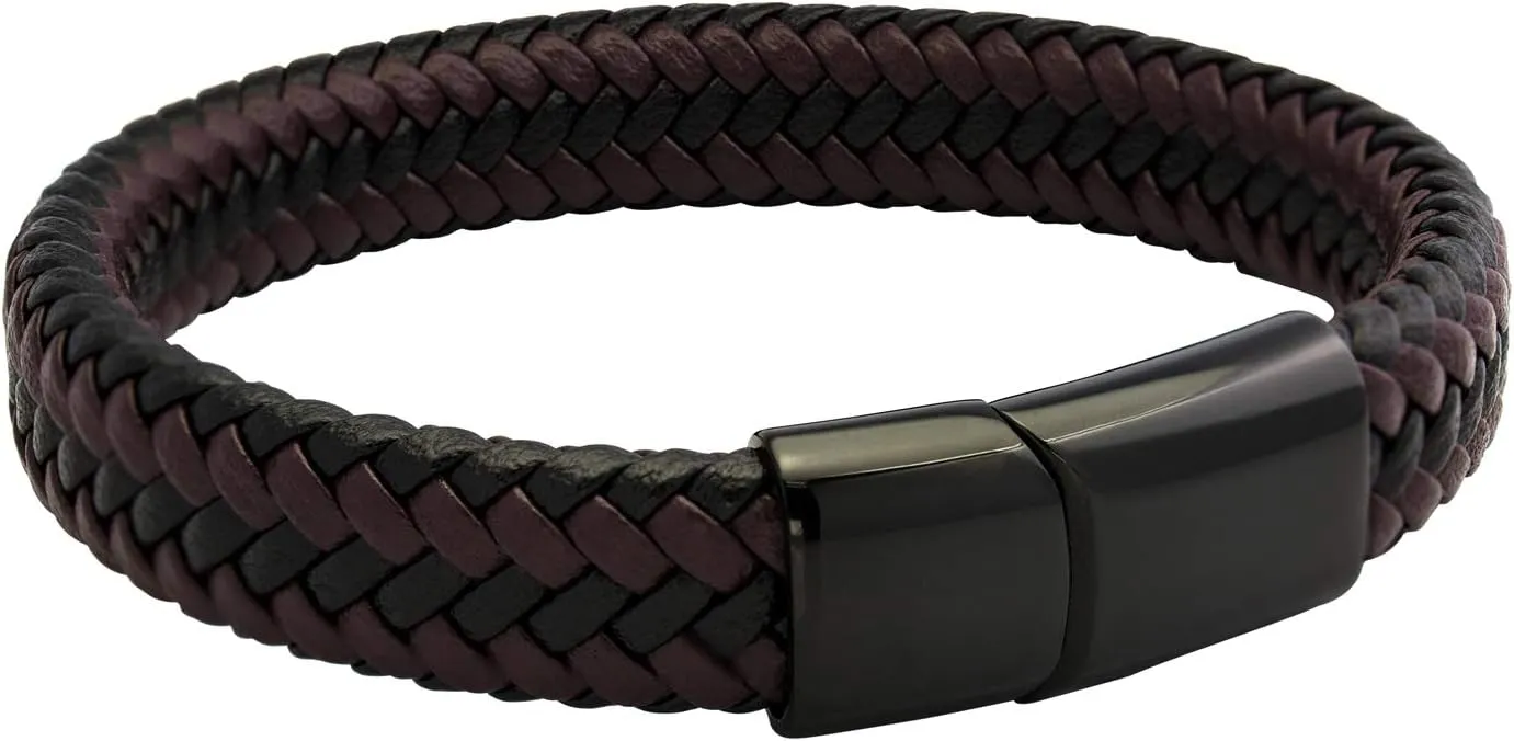 555Jewelry Stainless Steel Magnetic Clasp Braided Brown & Black Leather Bracelet for Men