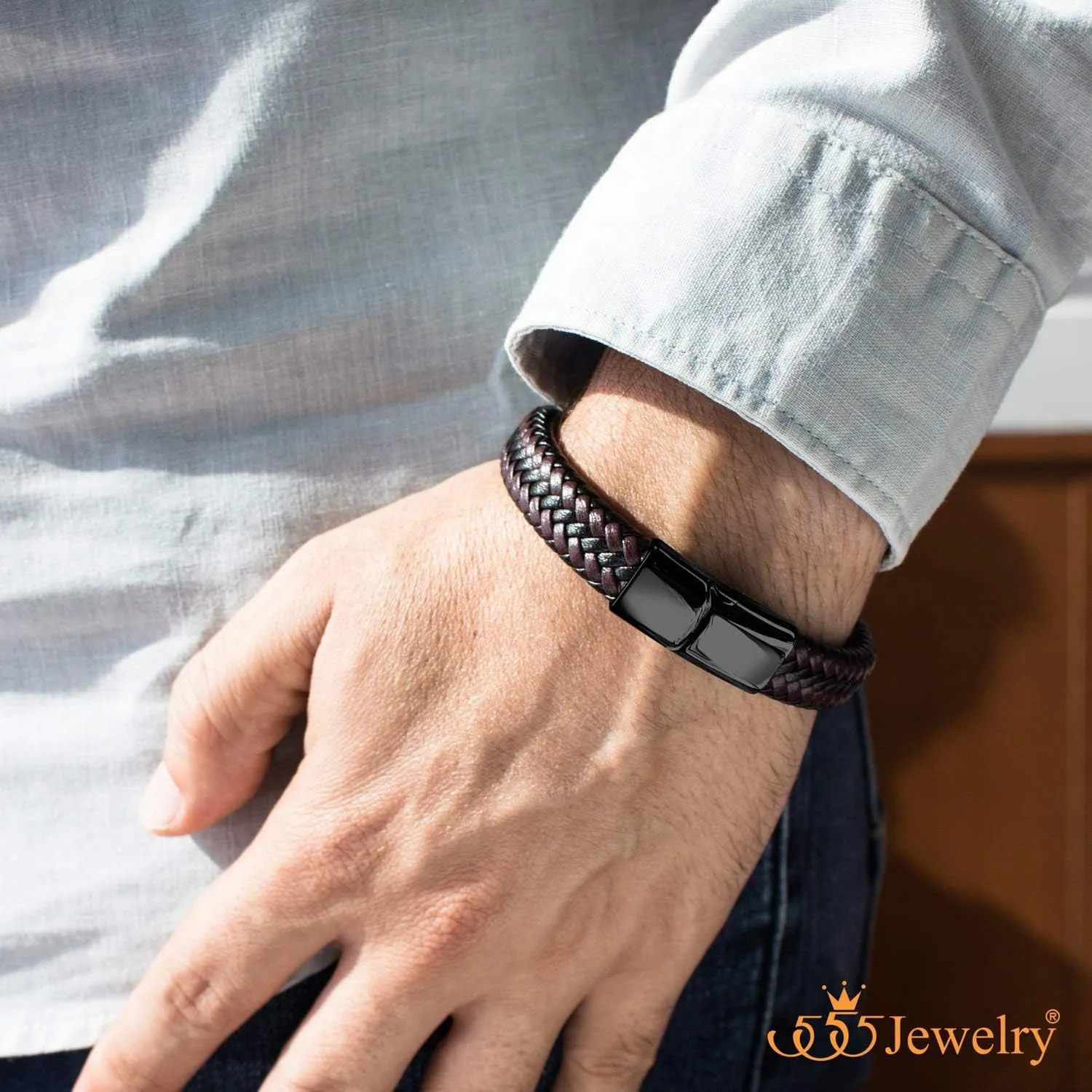 555Jewelry Stainless Steel Magnetic Clasp Braided Brown & Black Leather Bracelet for Men