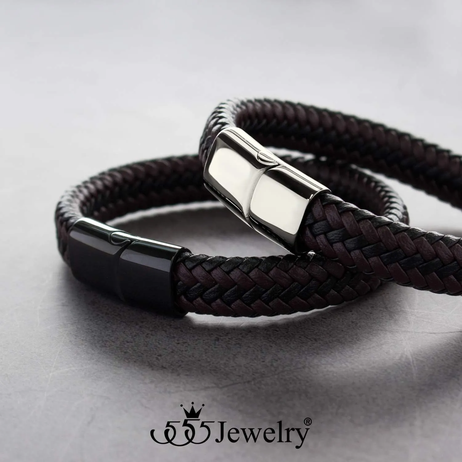 555Jewelry Stainless Steel Magnetic Clasp Braided Brown & Black Leather Bracelet for Men