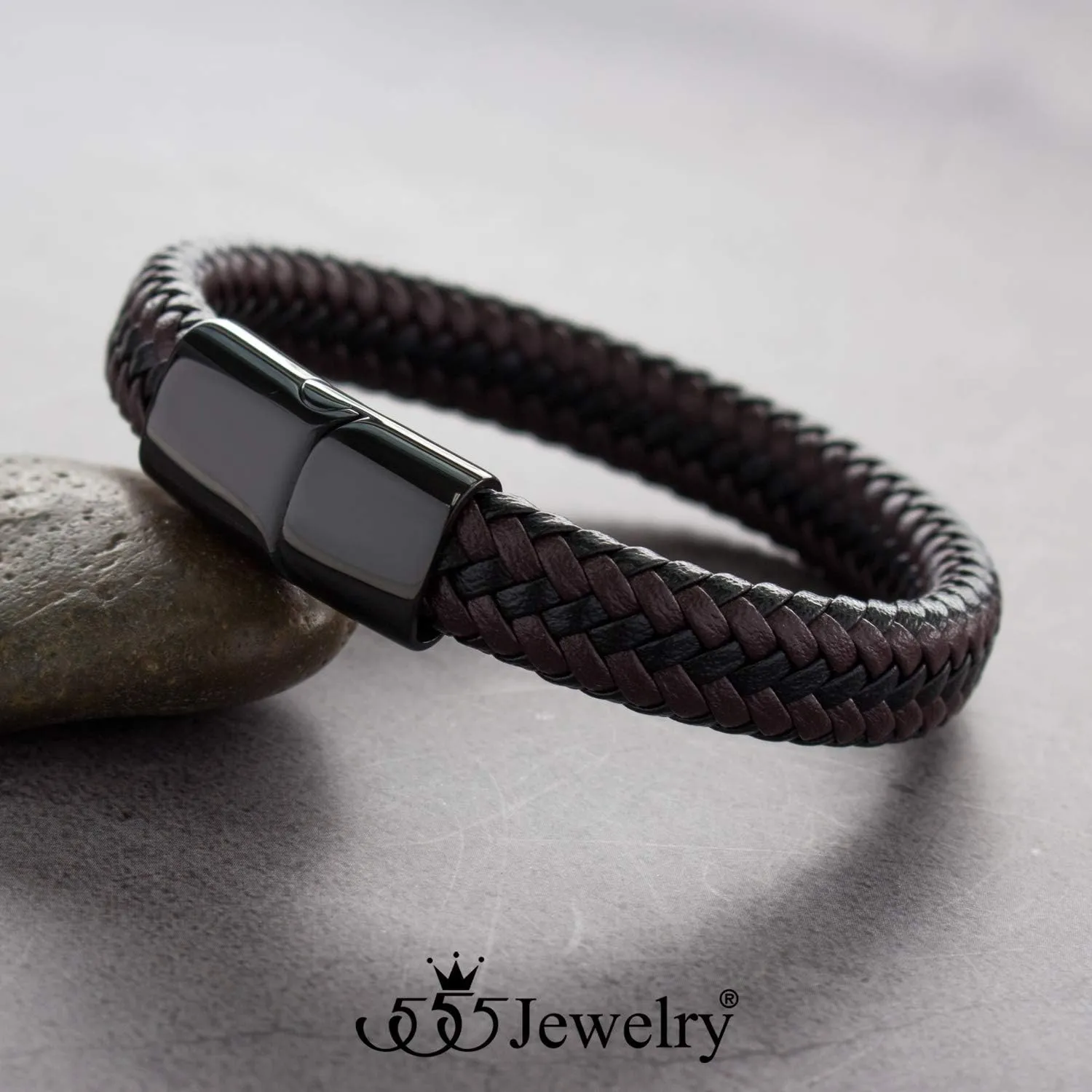 555Jewelry Stainless Steel Magnetic Clasp Braided Brown & Black Leather Bracelet for Men