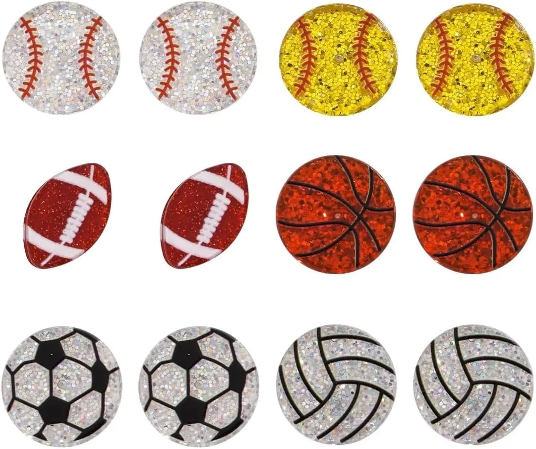 6 Pair Sport Ball Stud Earrings Set for Women Stackable Sport Acrylic Glitter Volleyball Baseball Basketball Football Rugby Earrings for Sport Lover Mother's Day