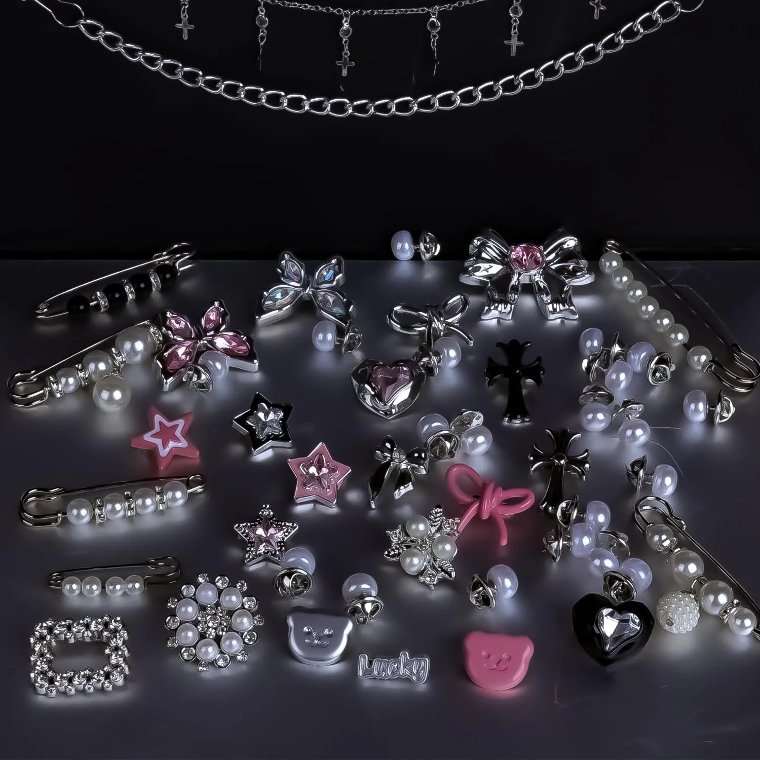 62pcs Silver Set Sock Charm Set, Safety Pin Brooch, Rhinestone, Pearl, Button Charms for Socks, Shoes, Clothing Accessories