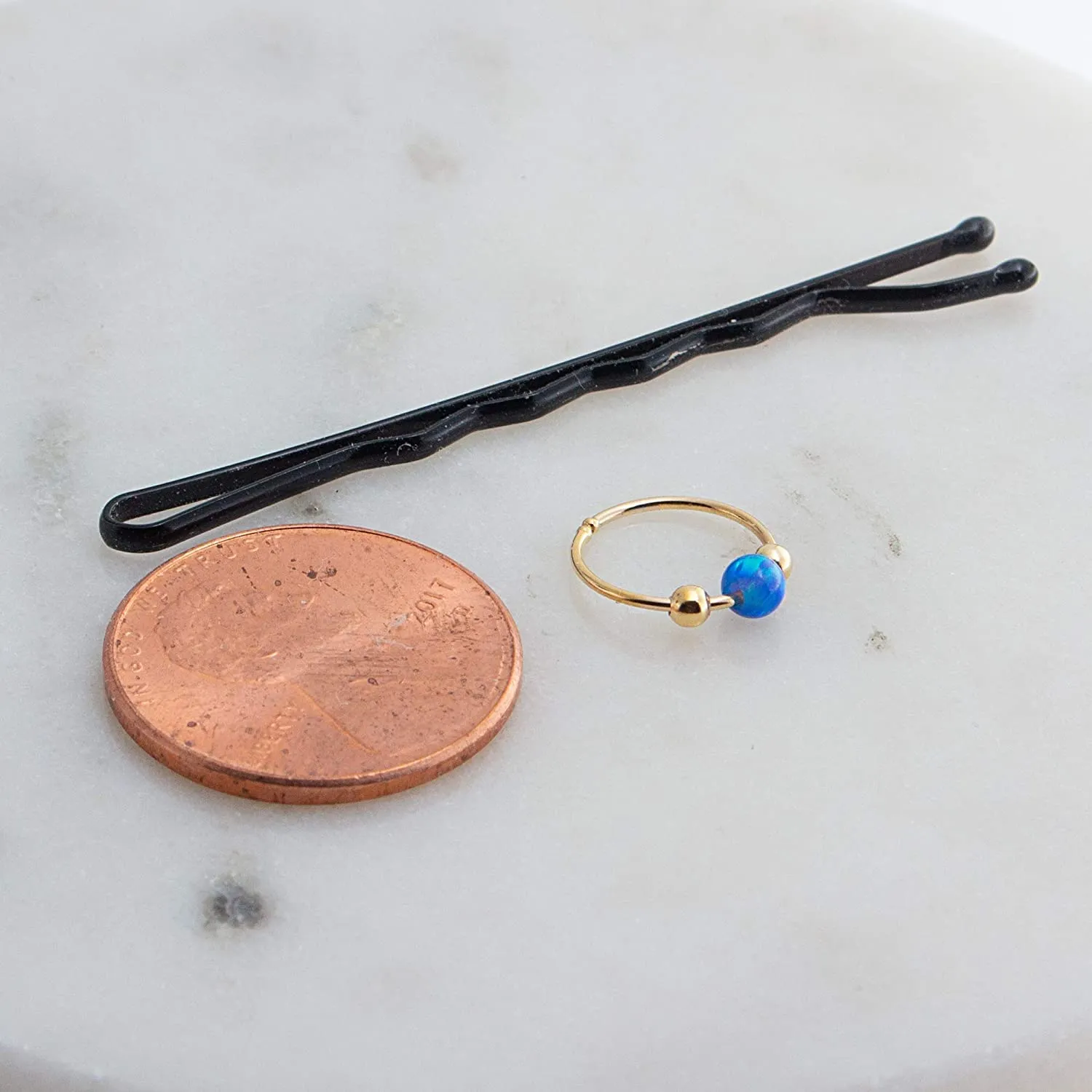 7mm 22 GA Very Small Gold Filled Blue Opal Hoop Huggie Piercing Earring, SINGLE Hoop for ONE Nose or Helix, Cartilage, 2nd Ear Piercing (GF 7mm / Blue Opal)