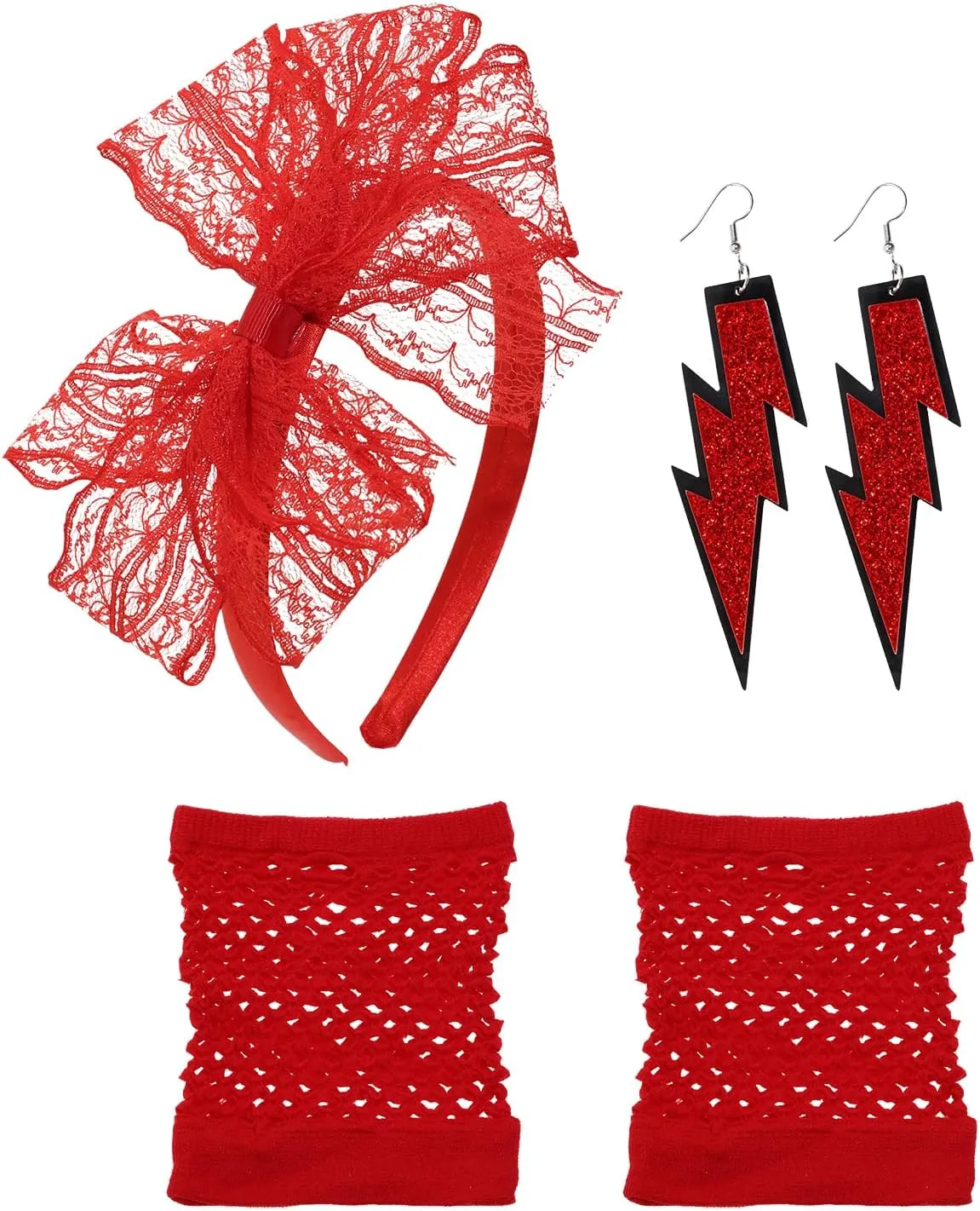 80s Costume Accessories Lace Bow Headband Neon Glitter Earring Fingerless Fishnet Gloves for Women Halloween Party