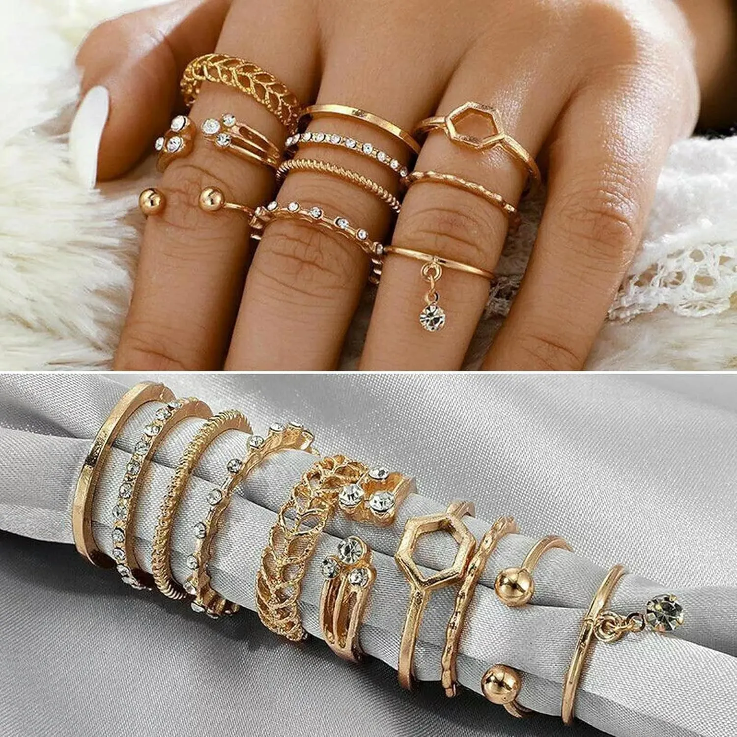 8pcs Geometric Crystal Drop Knuckle Midi Finger Tip Rings Set Women Jewelry Hot-Default
