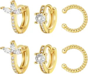 8YEARS 18K Gold Plated Cubic Zirconia Hoop Earrings And Ear Cuff Sets for Women, Gold CZ Huggie Earrings Non-Pierced Cartilage Clip On Earring, Gold Earring Set of 3 Gift for Her