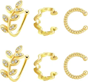 8YEARS 18K Gold Plated Cubic Zirconia Hoop Earrings And Ear Cuff Sets for Women, Gold CZ Huggie Earrings Non-Pierced Cartilage Clip On Earring, Gold Earring Set of 3 Gift for Her