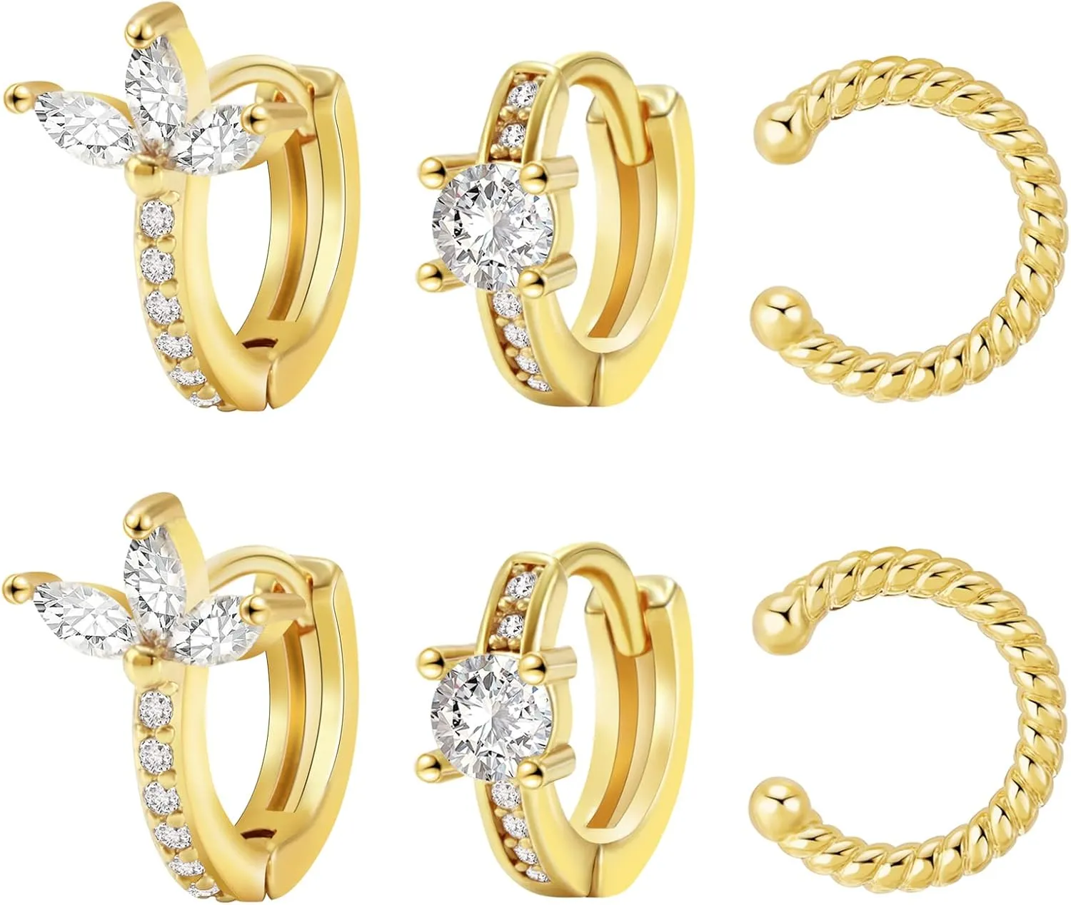 8YEARS 18K Gold Plated Cubic Zirconia Hoop Earrings And Ear Cuff Sets for Women, Gold CZ Huggie Earrings Non-Pierced Cartilage Clip On Earring, Gold Earring Set of 3 Gift for Her