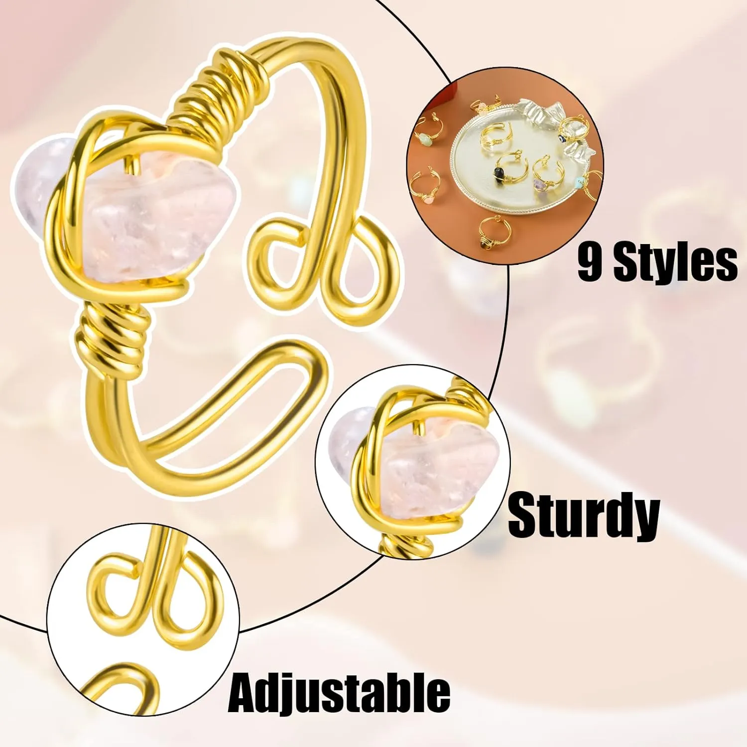 9 PCS Healing Crystal Ring, Adjustable Wire Wrapped Rings Irregular Gemstone Rings Set for Women
