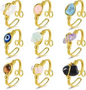 9 PCS Healing Crystal Ring, Adjustable Wire Wrapped Rings Irregular Gemstone Rings Set for Women