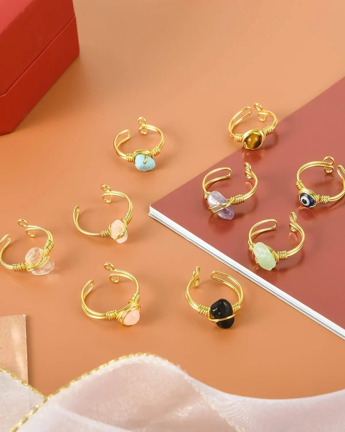 9 PCS Healing Crystal Ring, Adjustable Wire Wrapped Rings Irregular Gemstone Rings Set for Women