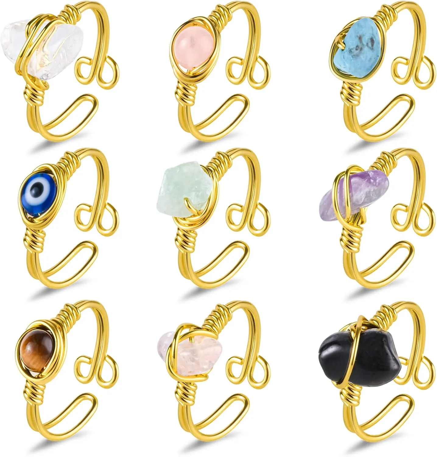 9 PCS Healing Crystal Ring, Adjustable Wire Wrapped Rings Irregular Gemstone Rings Set for Women