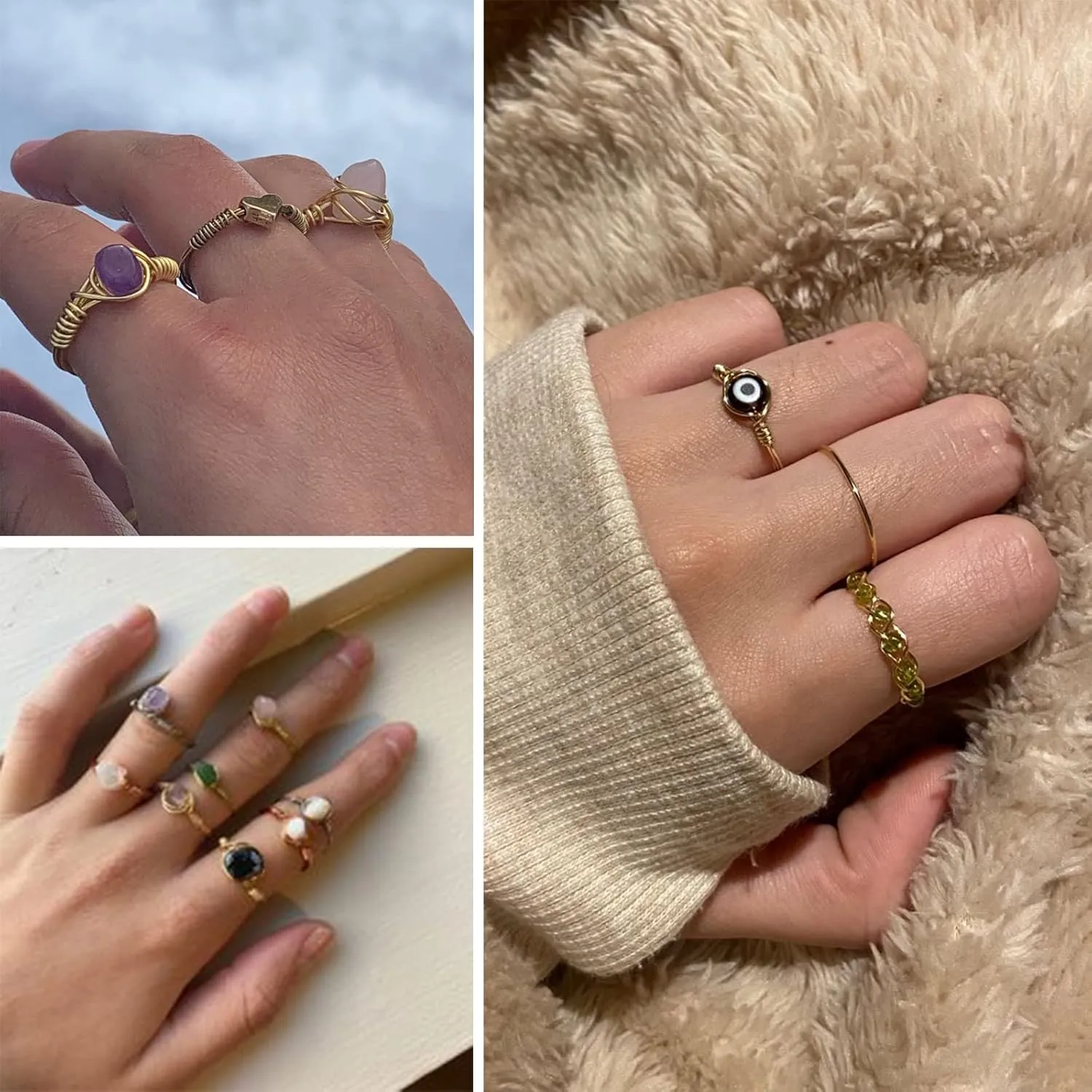 9 PCS Healing Crystal Ring, Adjustable Wire Wrapped Rings Irregular Gemstone Rings Set for Women