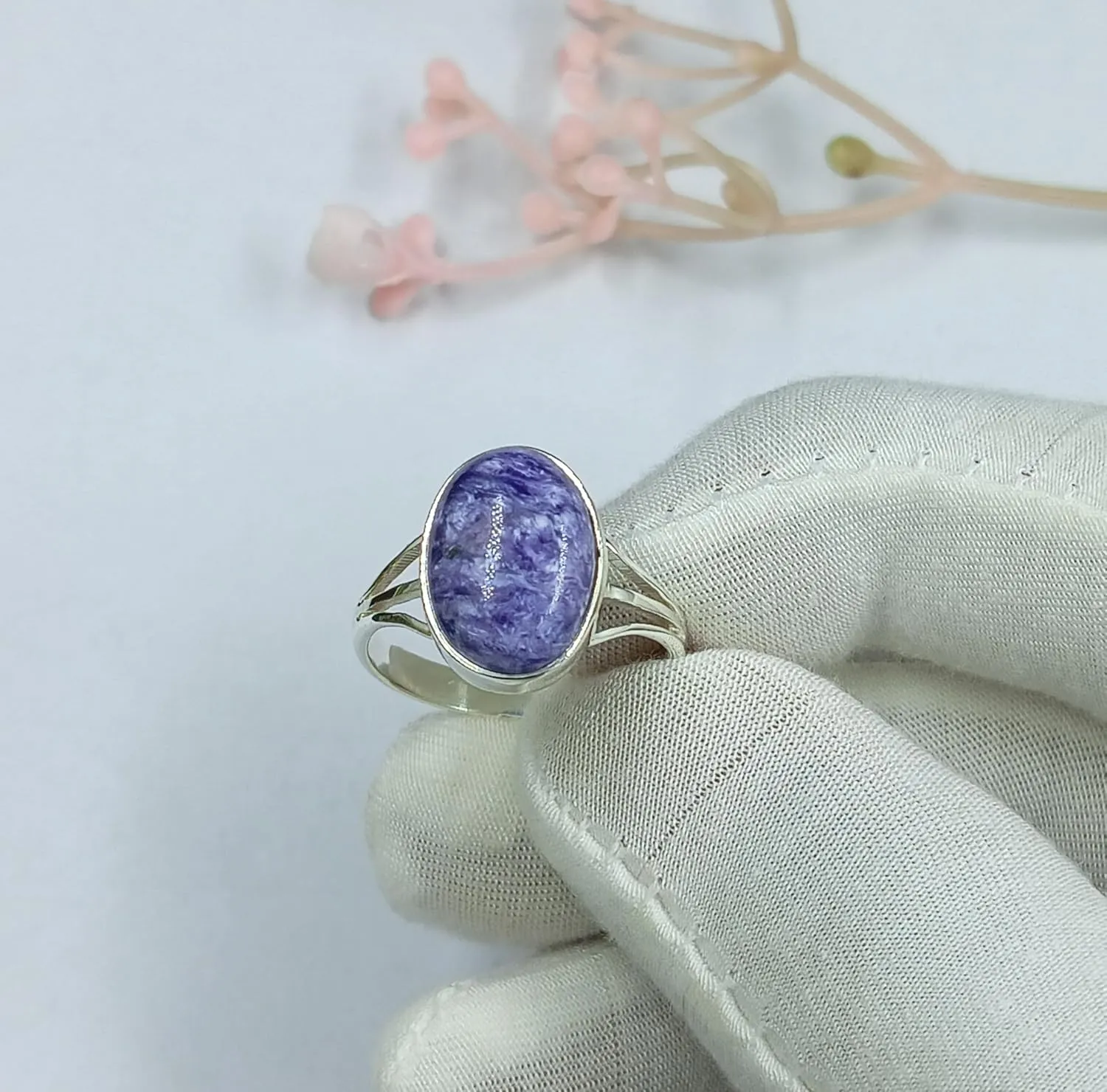 925 Starling Silver Rings for Women & Girls Handmade Jewelry for gift 10x14 Oval Ring Boho Ring (GG_R1219) (Charoite)