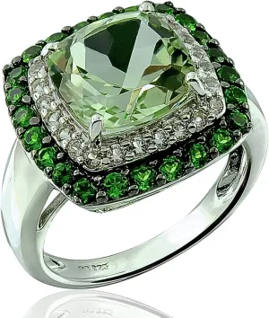 925 Sterling Silver Cocktail Ring Genuine Gems Cushion 10 mm with Double-row Accented Gems, 5 Carats, Rhodium-Plated Finish
