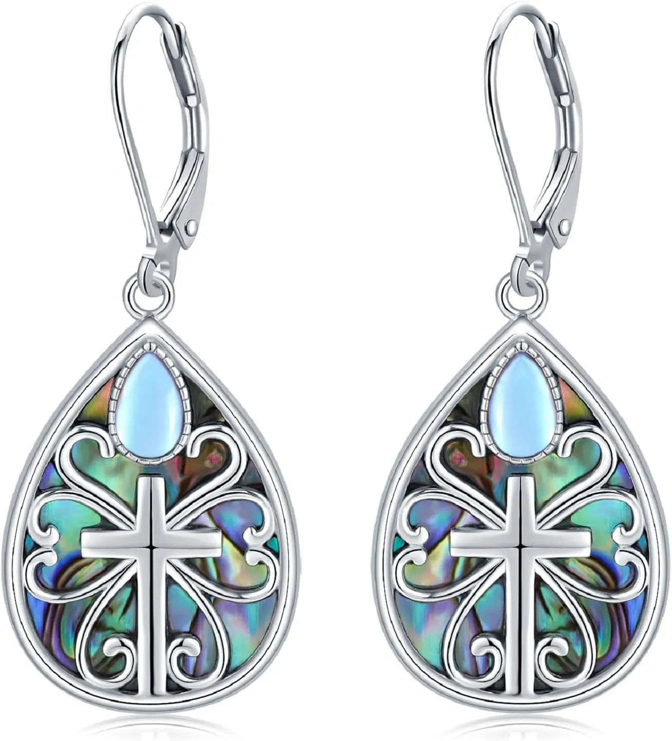 925 Sterling Silver Faith Cross Dangle Earrings Hypoallergenic Teardrop Abalone Christian Jesus Cross Earrings for Women