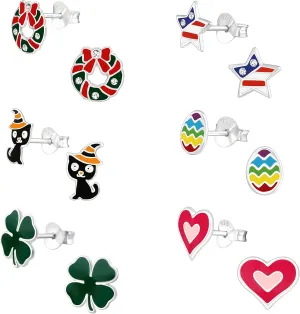 925 Sterling Silver NEW Set of 6 Pairs Holiday Set Christmas,Easter egg, Clover, American Flag, Red Heart, & Halloween Stud Earrings (Nickel Free)