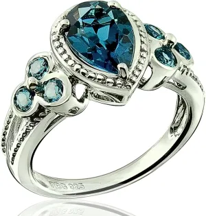 925 Sterling Silver Ring Genuine Gems Pear Shape 9x6 mm with Bezel-set Accented Gems, Rhodium-Plated Finish