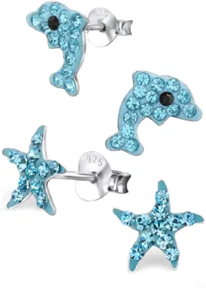925 Sterling Silver Set of 2 Pairs Aqua Blue Crystal Starfish & Dolphin Stud Earrings (Nickel Free)