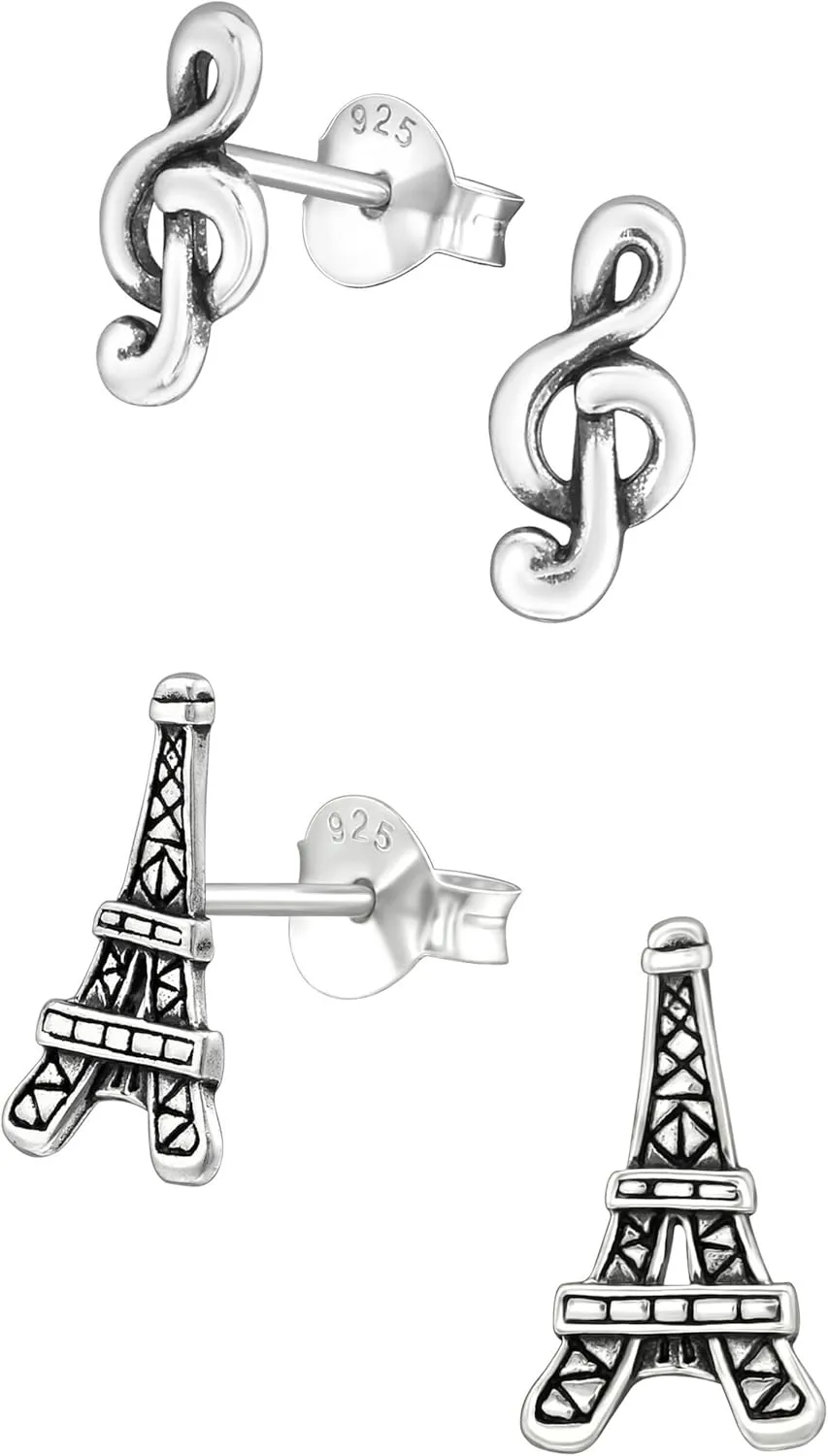 925 Sterling Silver Set of 2 Pairs Eiffel Tower & Music Note Small Tiny Stud Earrings (Nickel Free)