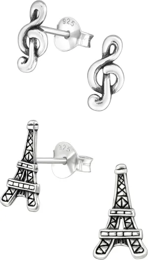 925 Sterling Silver Set of 2 Pairs Eiffel Tower & Music Note Small Tiny Stud Earrings (Nickel Free)