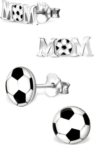 925 Sterling Silver Set of 2 Pairs Soccer Mom Stud Earrings (Nickel Free) 20509