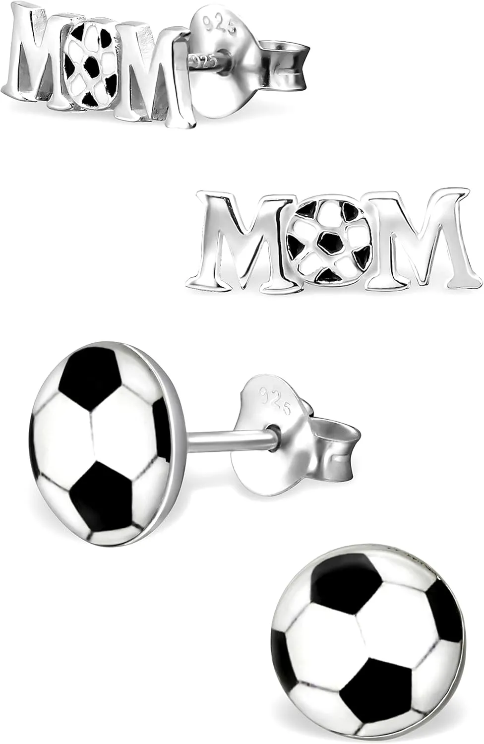 925 Sterling Silver Set of 2 Pairs Soccer Mom Stud Earrings (Nickel Free) 20509