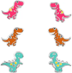 925 Sterling Silver Set of 3 Pairs Children's Dinosaur Stud Earrings