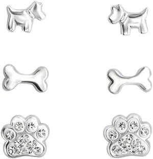 925 Sterling Silver Set of 3 Pairs Children's Dog Stud Earrings