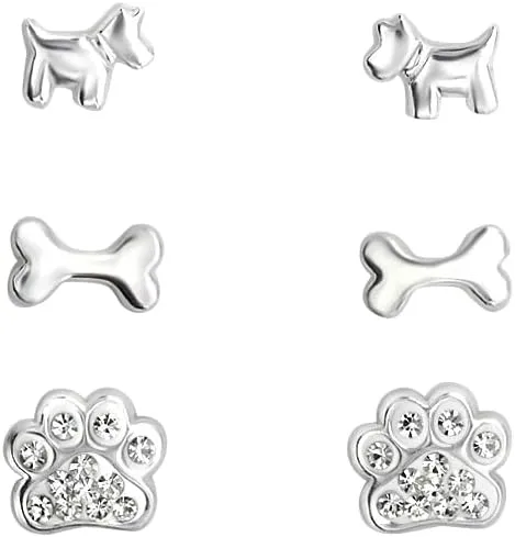 925 Sterling Silver Set of 3 Pairs Children's Dog Stud Earrings