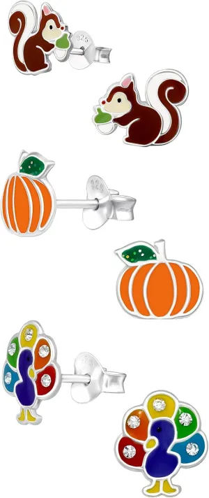 925 Sterling Silver Set of 3 pairs Fall/Thanksgiving Theme Squirrel w/Acorn Orange Pumpkin Turkey Stud Earrings