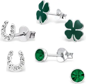 925 Sterling Silver Set of 3 Pairs Lucky Irish Set Four Leaf Clover, Crystal Horseshoe, Emerald Green Round Crystal Stud Earrings (Nickel Free)