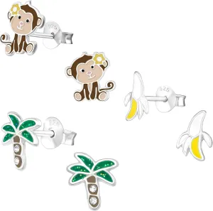 925 Sterling Silver Set of 3 Pairs Monkey & Banana Palm tree Stud Earrings (Nickel Free)