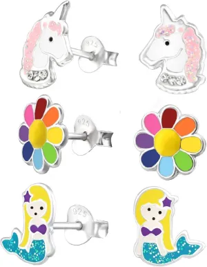 925 Sterling Silver Set of 3 Pairs Rainbow Flower, Mermaid, Unicorn Stud Earrings (Nickel Free)